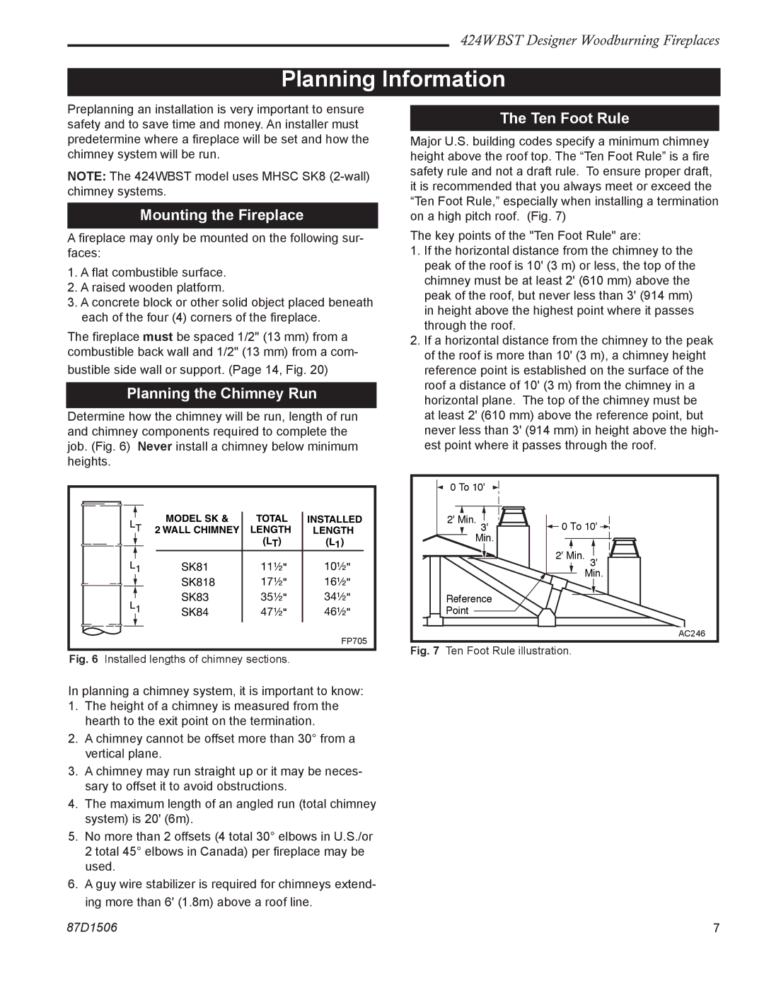 Monessen Hearth 424WBST manual Planning Information, Mounting the Fireplace, Planning the Chimney Run, Ten Foot Rule 