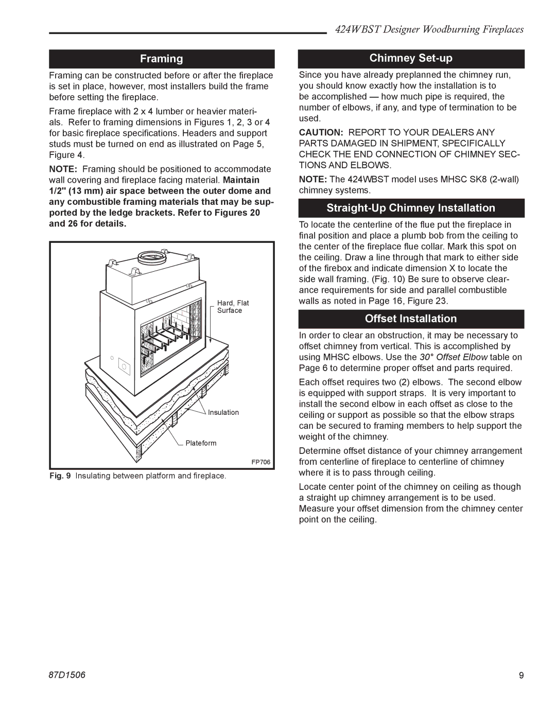 Monessen Hearth 424WBST manual Framing, Chimney Set-up, Straight-Up Chimney Installation, Offset Installation 