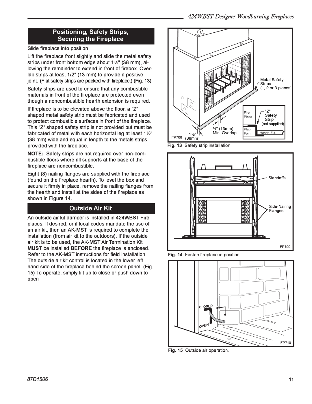 Monessen Hearth 424WBST manual Positioning, Safety Strips Securing the Fireplace, Outside Air Kit, 87D1506 