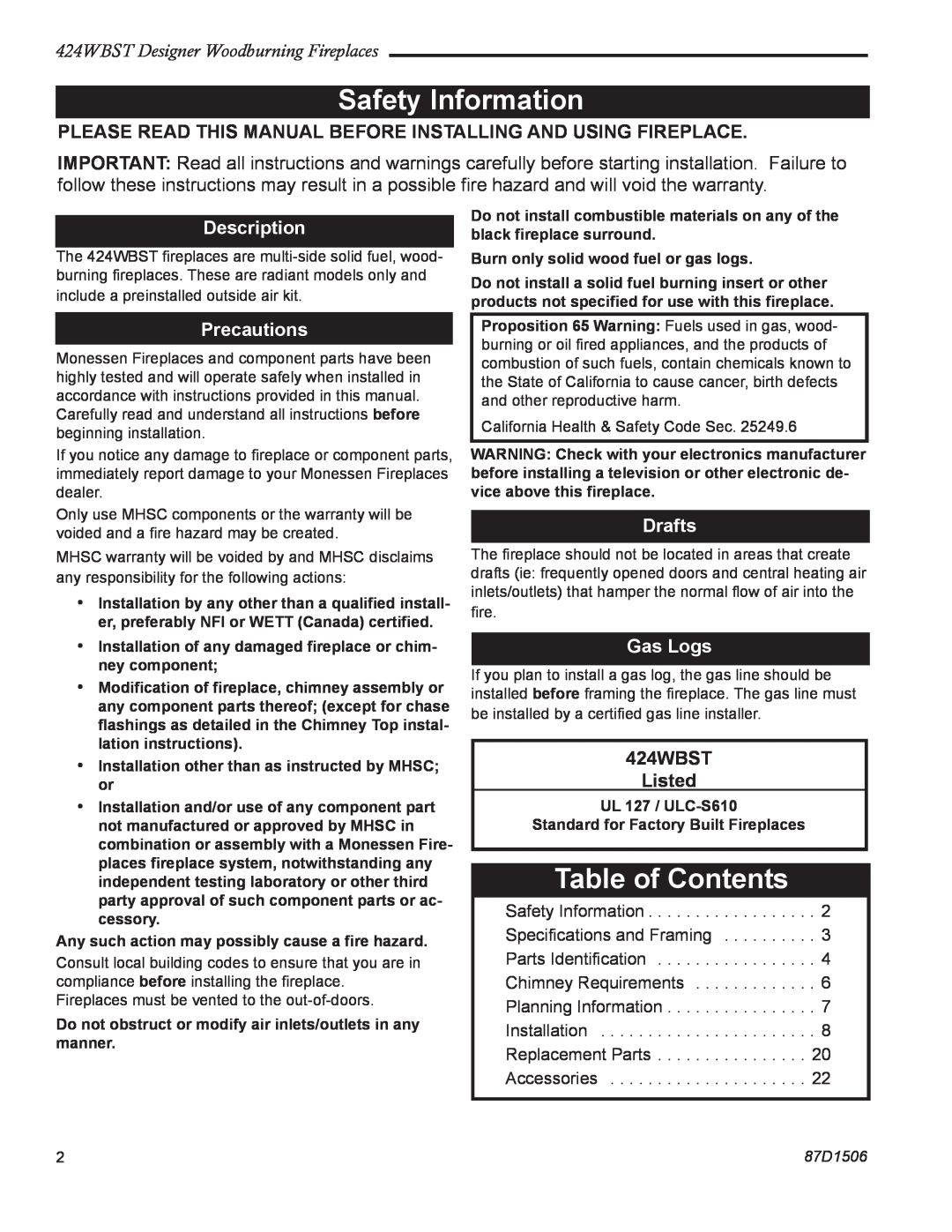 Monessen Hearth Safety Information, Table of Contents, 424WBST Designer Woodburning Fireplaces, Description, Drafts 