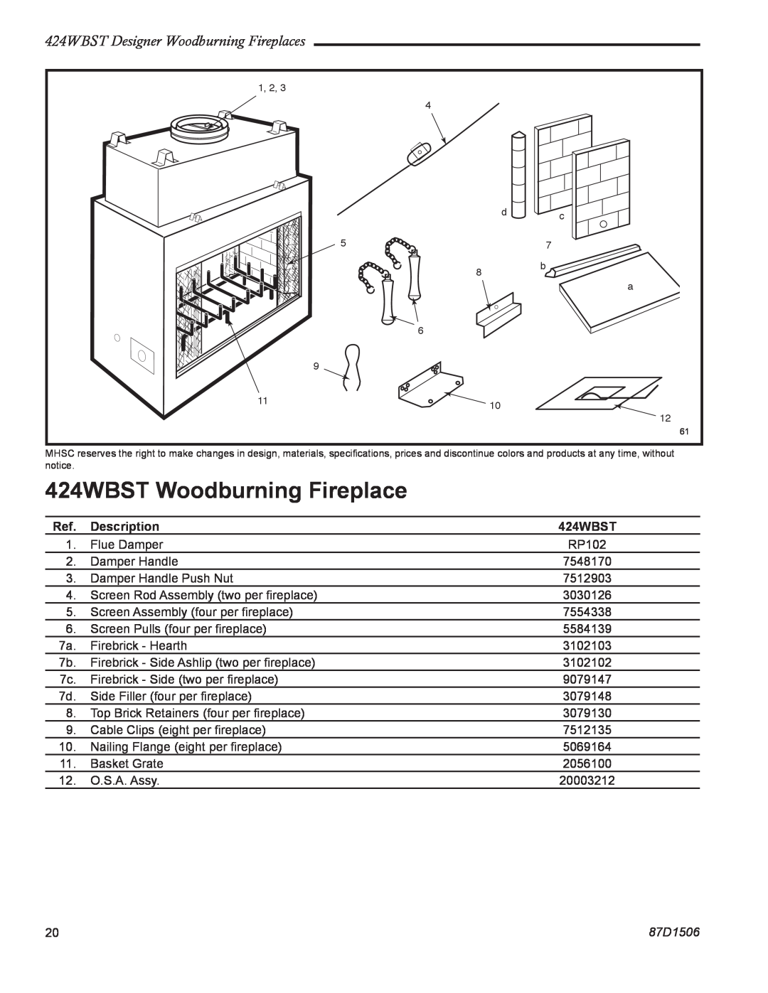 Monessen Hearth manual 424WBST Woodburning Fireplace, 424WBST Designer Woodburning Fireplaces, Description, 87D1506 