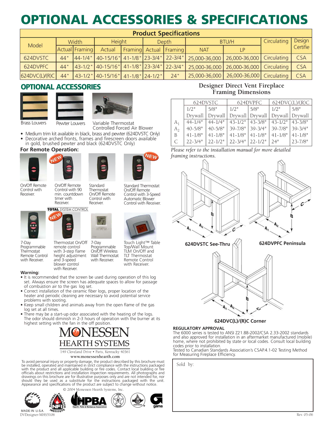 Monessen Hearth 624DVCLC, 624DVCRC, 624DVPFC, 624DVSTC warranty Optional Accessories & Specifications, Product Specifications 