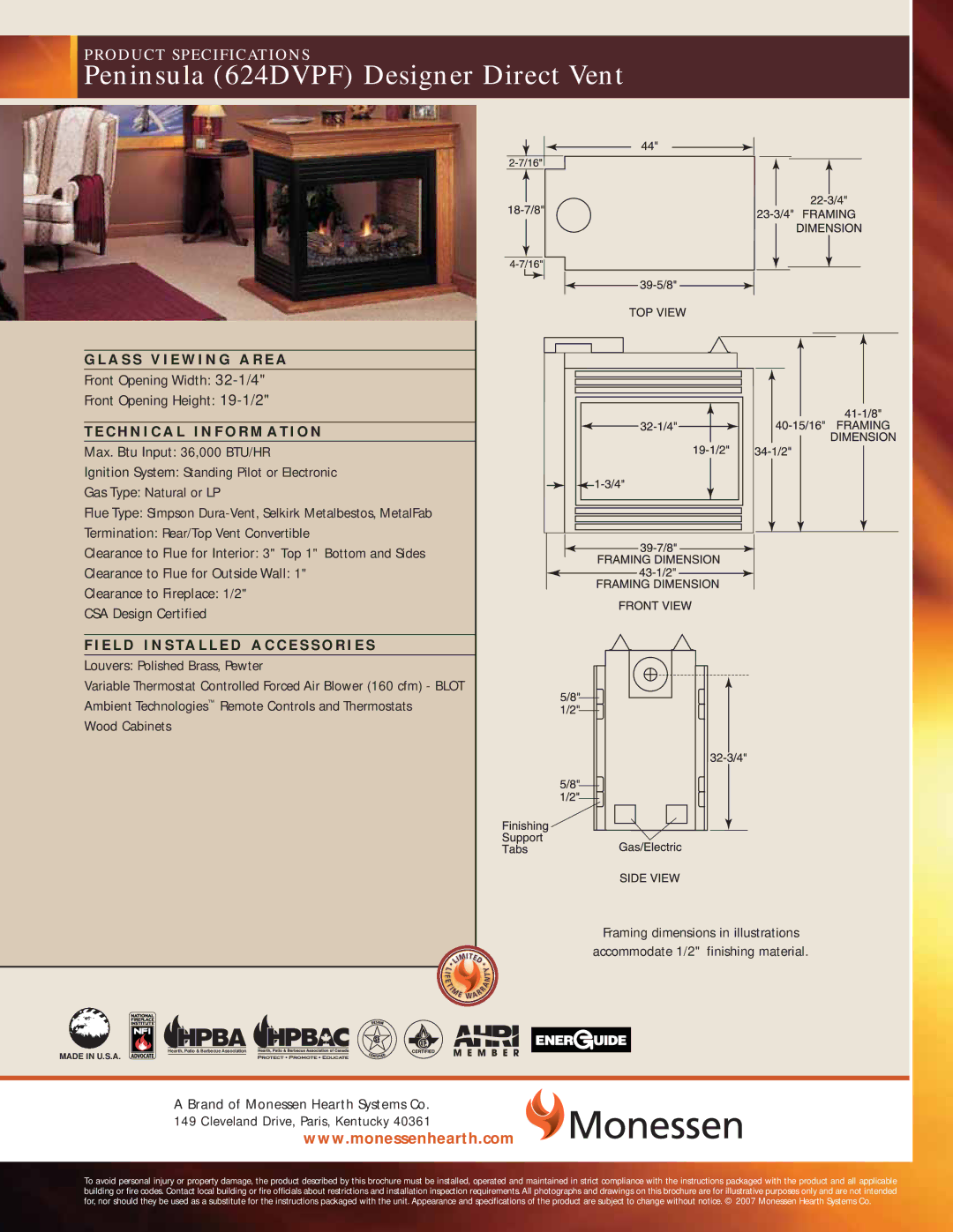 Monessen Hearth specifications Peninsula 624DVPF Designer Direct Vent 