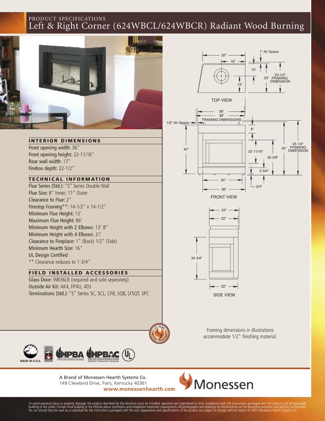 Monessen Hearth brochure Left & Right Corner 624WBCL/624WBCR Radiant Wood Burning, Hpba 