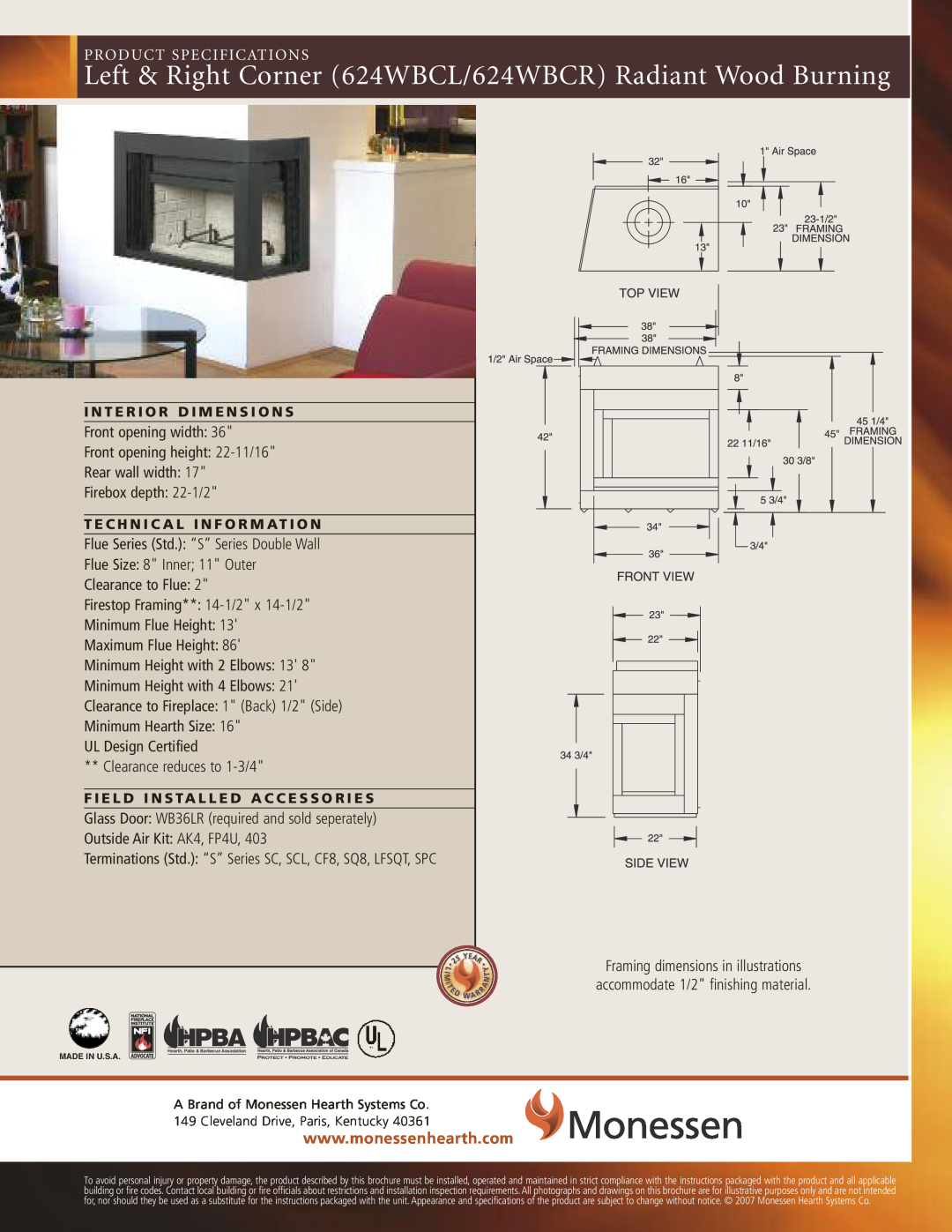Monessen Hearth 624WBCR, 624WBCL brochure Hpba, Product Specifications, Flue Series Std. “S” Series Double Wall 