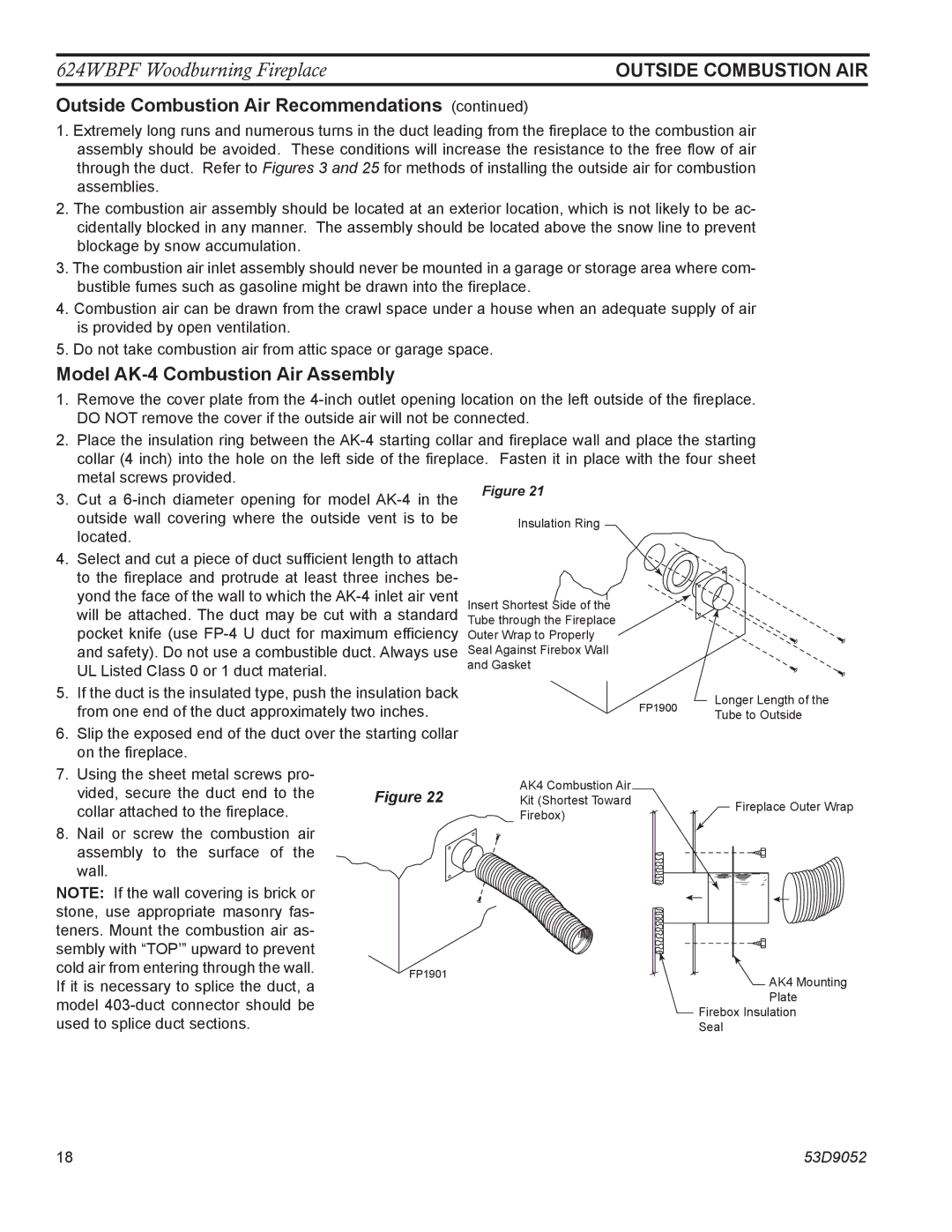 Monessen Hearth 624WBPF manual Outside Combustion Air Recommendations, Model AK-4 Combustion Air Assembly 