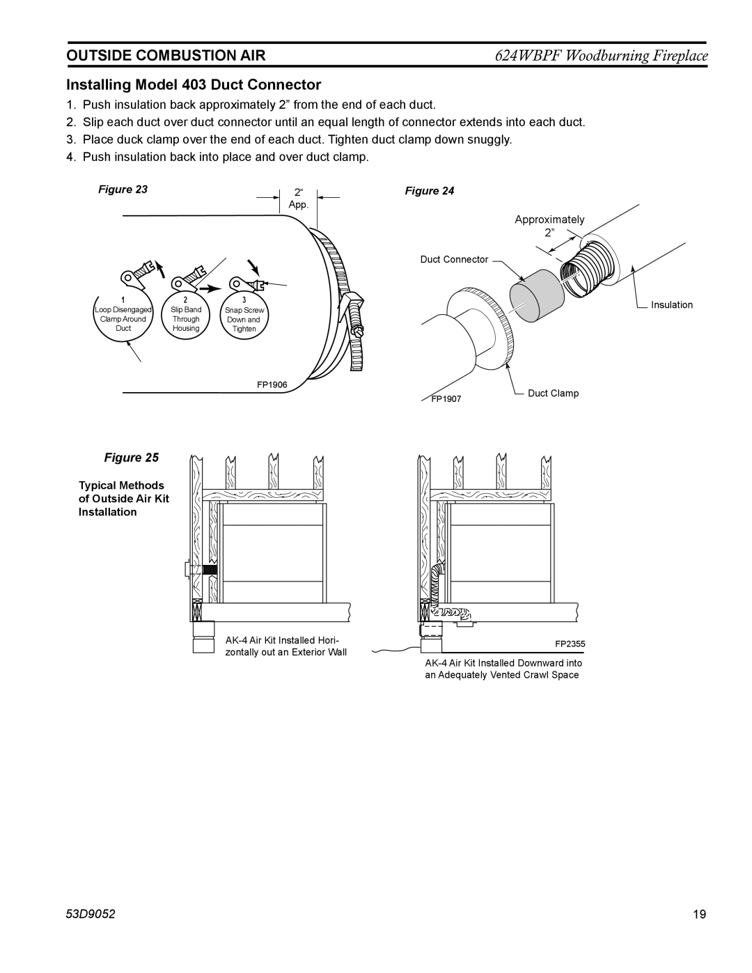 Monessen Hearth 624WBPF manual Installing Model 403 Duct Connector, Typical Methods Outside Air Kit Installation 