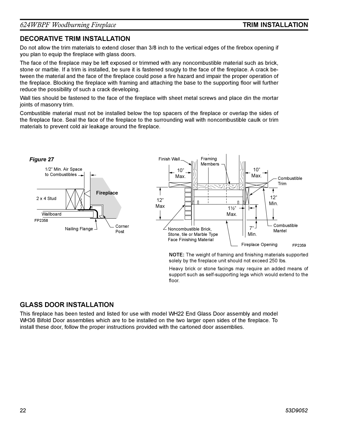 Monessen Hearth 624WBPF manual Trim Installation, Fireplace 