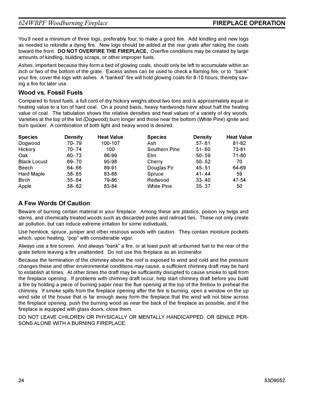 Monessen Hearth 624WBPF manual Wood vs. Fossil Fuels, Few Words Of Caution, Fireplace Operation, Species Density Heat Value 