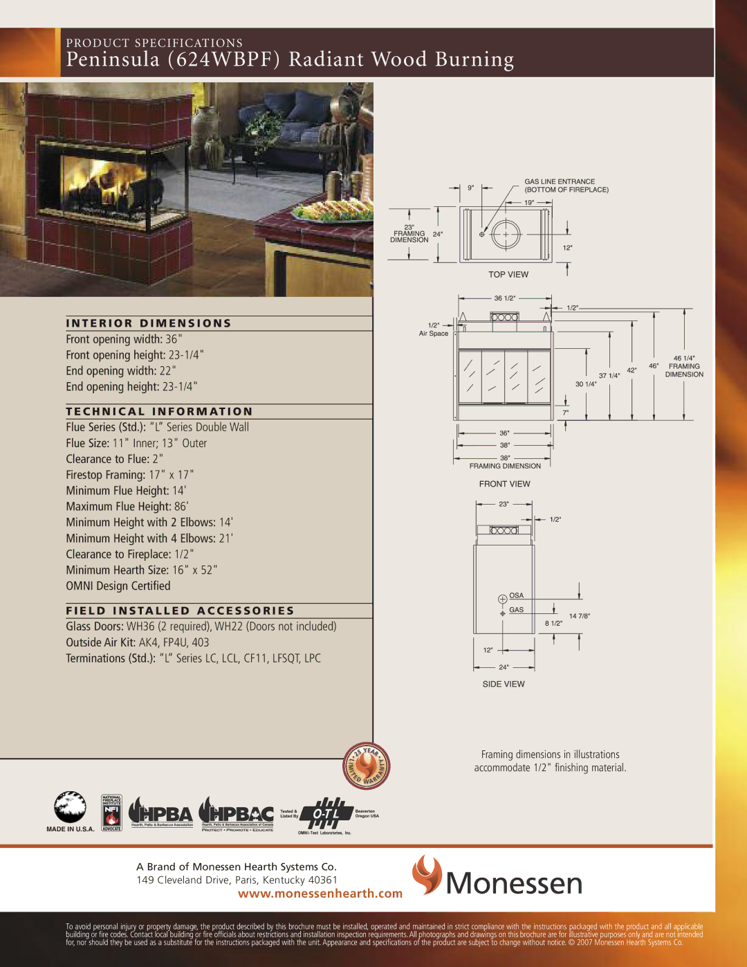 Monessen Hearth brochure Peninsula 624WBPF Radiant Wood Burning, Hpba 