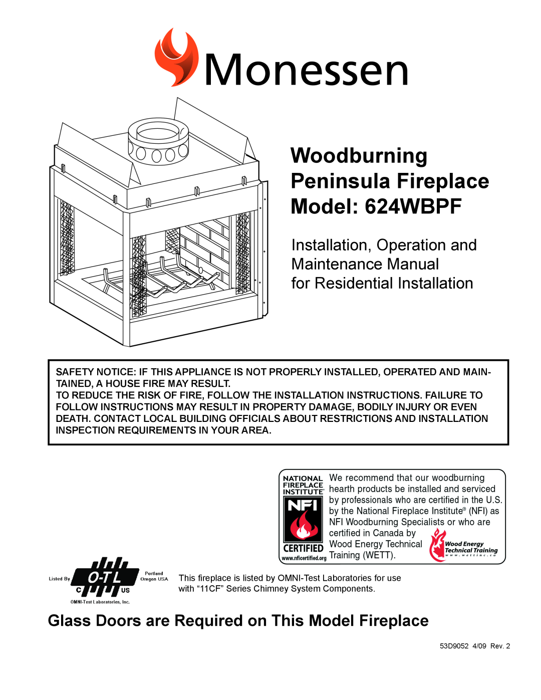 Monessen Hearth brochure Peninsula 624WBPF Radiant Wood Burning, Hpba, Product Specifications, Made In U.S.A 