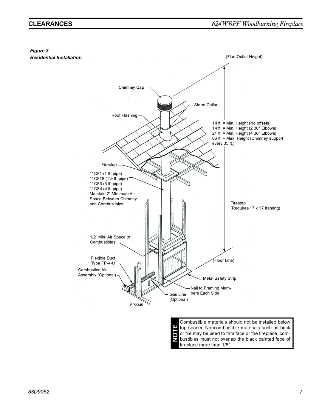 Monessen Hearth manual Clearances, 624WBPF Woodburning Fireplace, 53D9052, Figure Residential Installation 