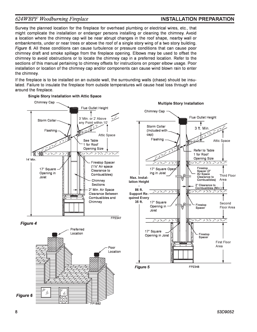Monessen Hearth manual 624WBPF Woodburning Fireplace, Installation Preparation, 53D9052, Multiple Story Installation 