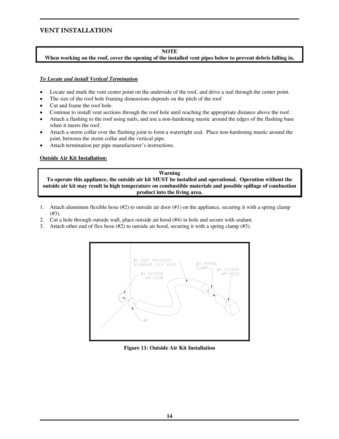 Monessen Hearth 7000 Series operating instructions To Locate and install Vertical Termination, Outside Air Kit Installation 