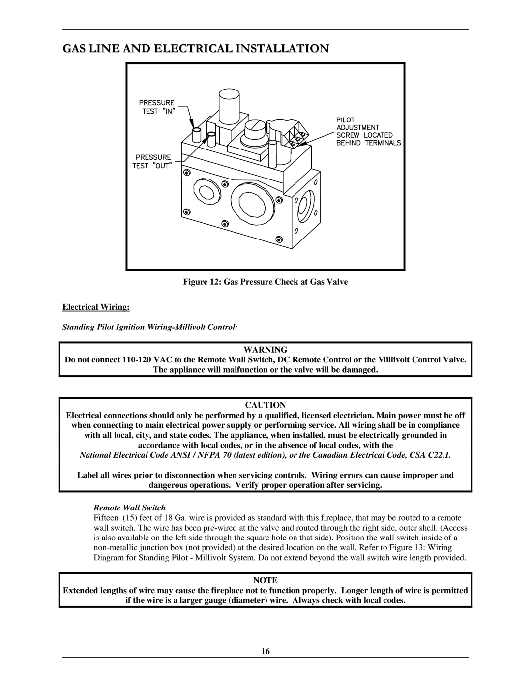 Monessen Hearth 7000 Series operating instructions Standing Pilot Ignition Wiring-Millivolt Control, Remote Wall Switch 