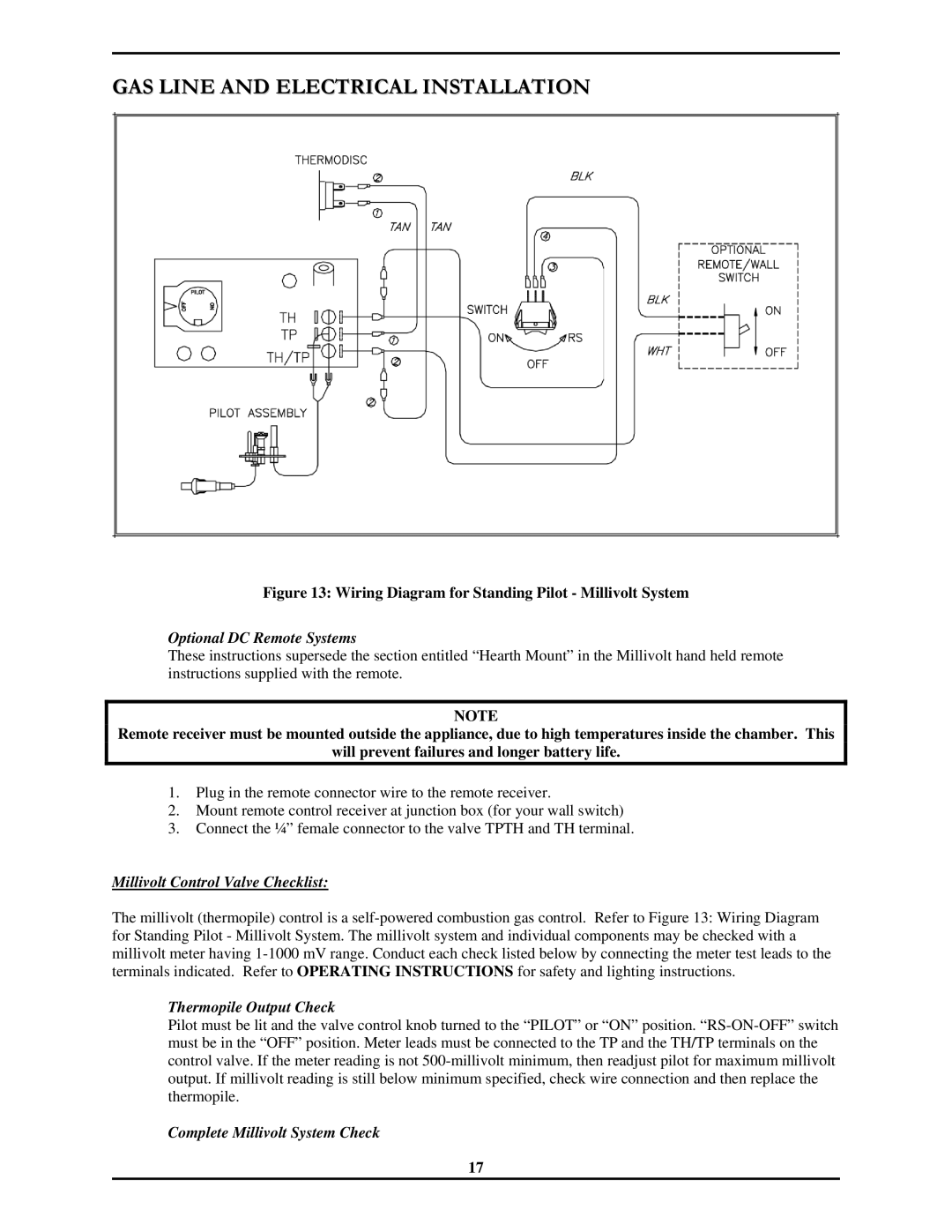 Monessen Hearth 7000 Series Optional DC Remote Systems, Millivolt Control Valve Checklist, Thermopile Output Check 