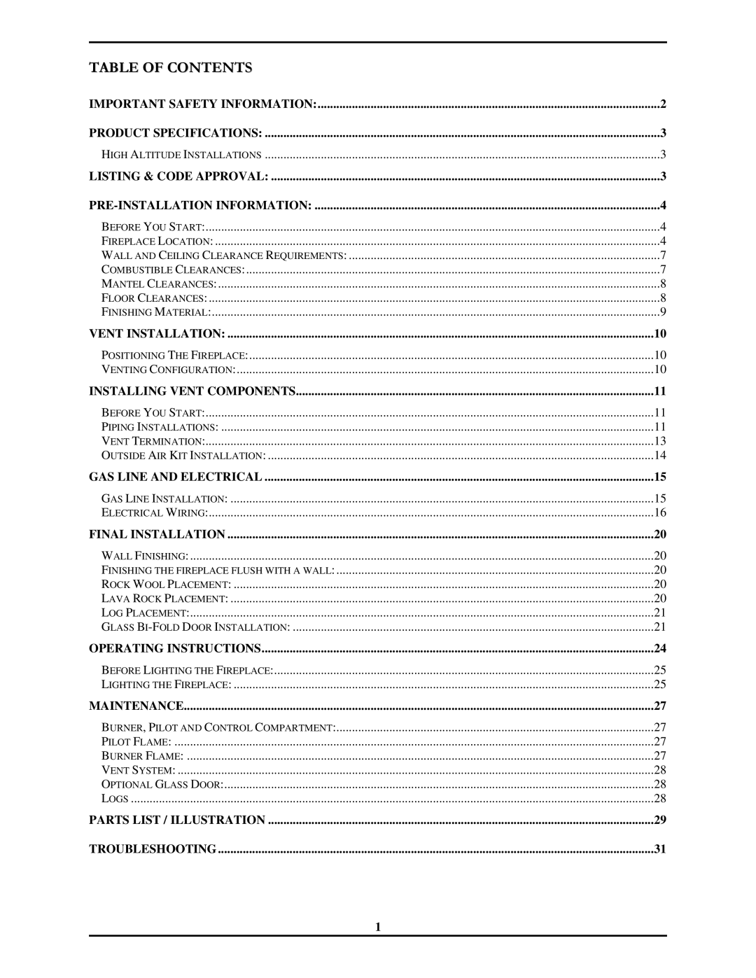 Monessen Hearth 7000 Series operating instructions Table of Contents 