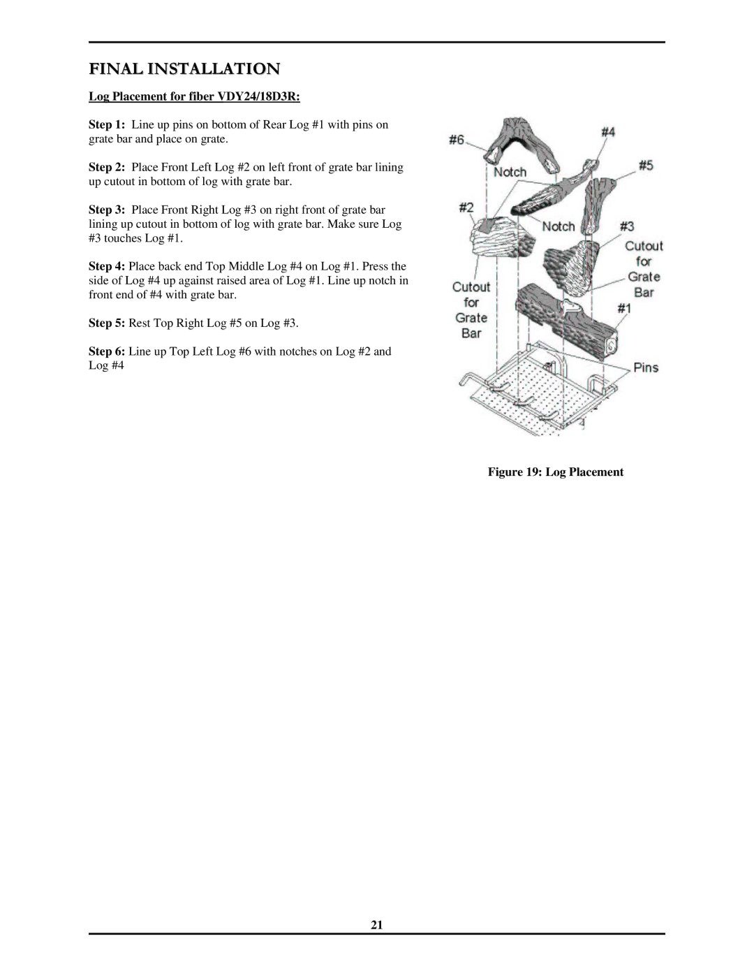 Monessen Hearth 7000 Series operating instructions Log Placement for fiber VDY24/18D3R 