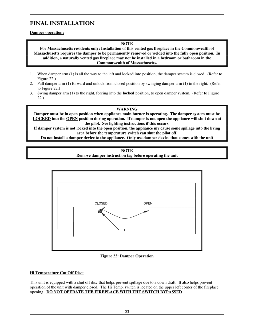 Monessen Hearth 7000 Series operating instructions Damper Operation Hi Temperature Cut Off Disc 