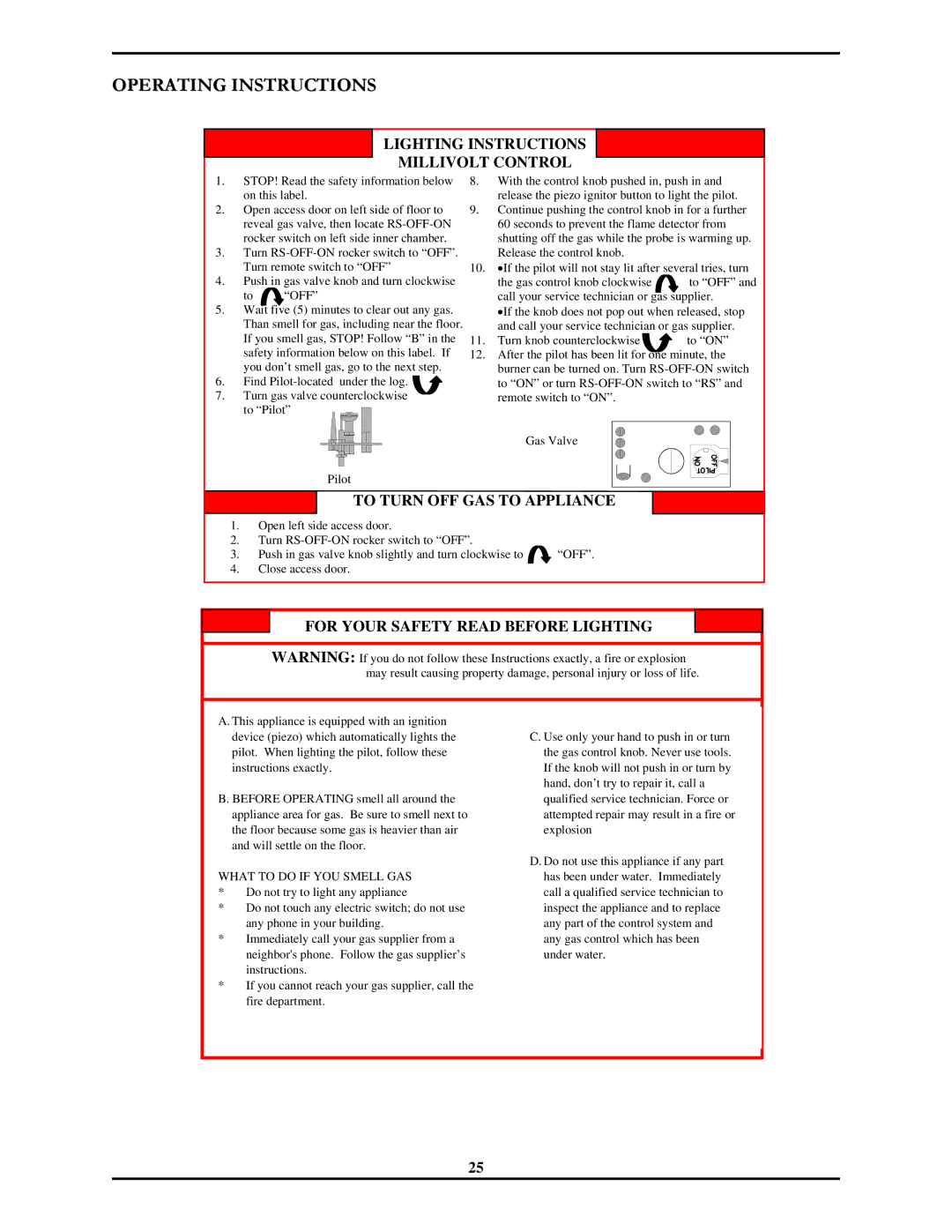 Monessen Hearth 7000 Series operating instructions Lighting Instructions Millivolt Control, To Turn OFF GAS to Appliance 