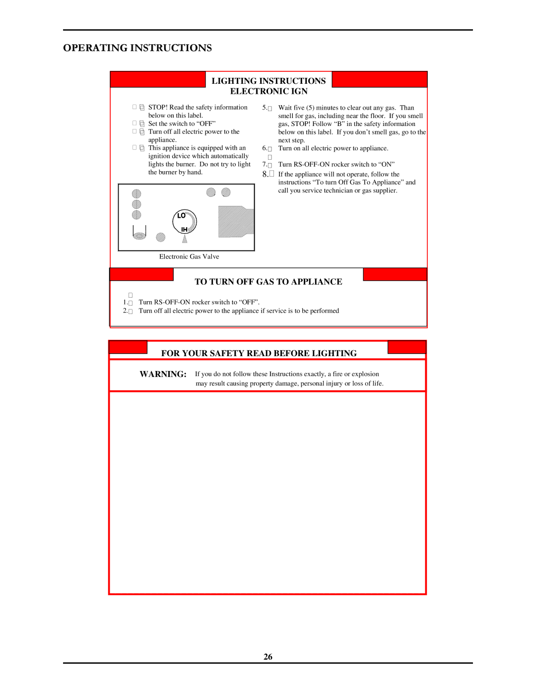 Monessen Hearth 7000 Series operating instructions Lighting Instructions Electronic IGN 