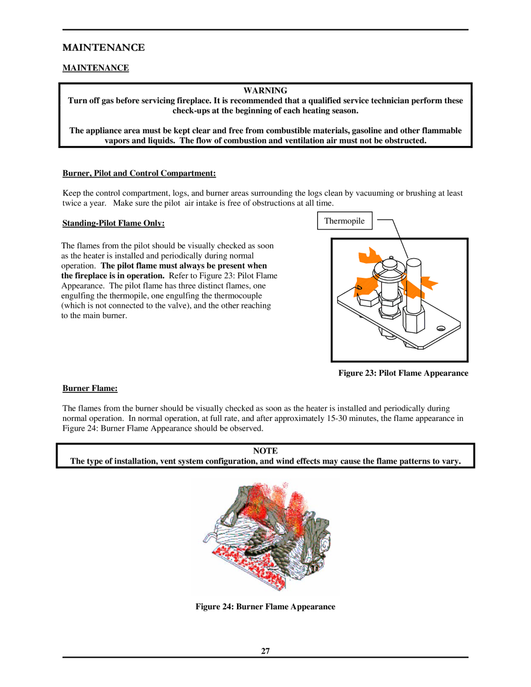 Monessen Hearth 7000 Series operating instructions Maintenance, Standing-Pilot Flame Only, Burner Flame 