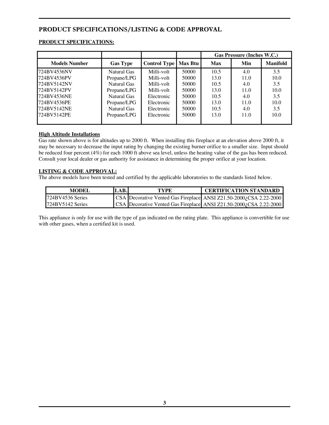 Monessen Hearth 7000 Series operating instructions Product SPECIFICATIONS/LISTING & Code Approval, Listing & Code Approval 