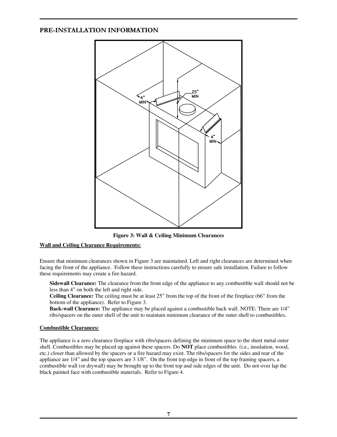 Monessen Hearth 7000 Series operating instructions Combustible Clearances 