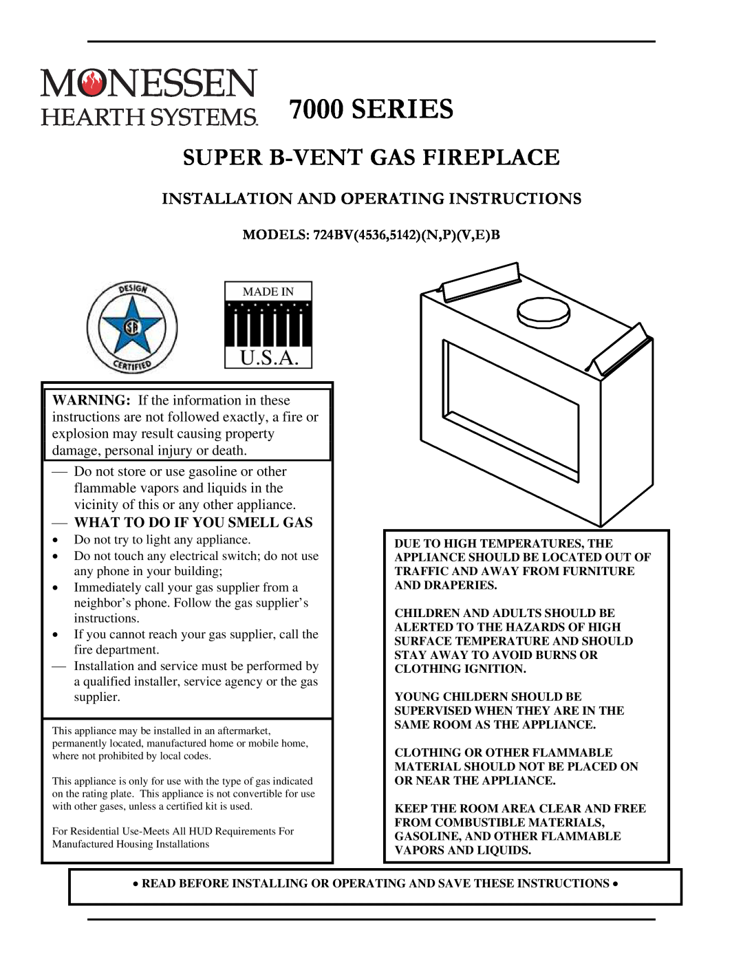 Monessen Hearth 7000 Series operating instructions Super B-Ventgas Fireplace, Installation And Operating Instructions 