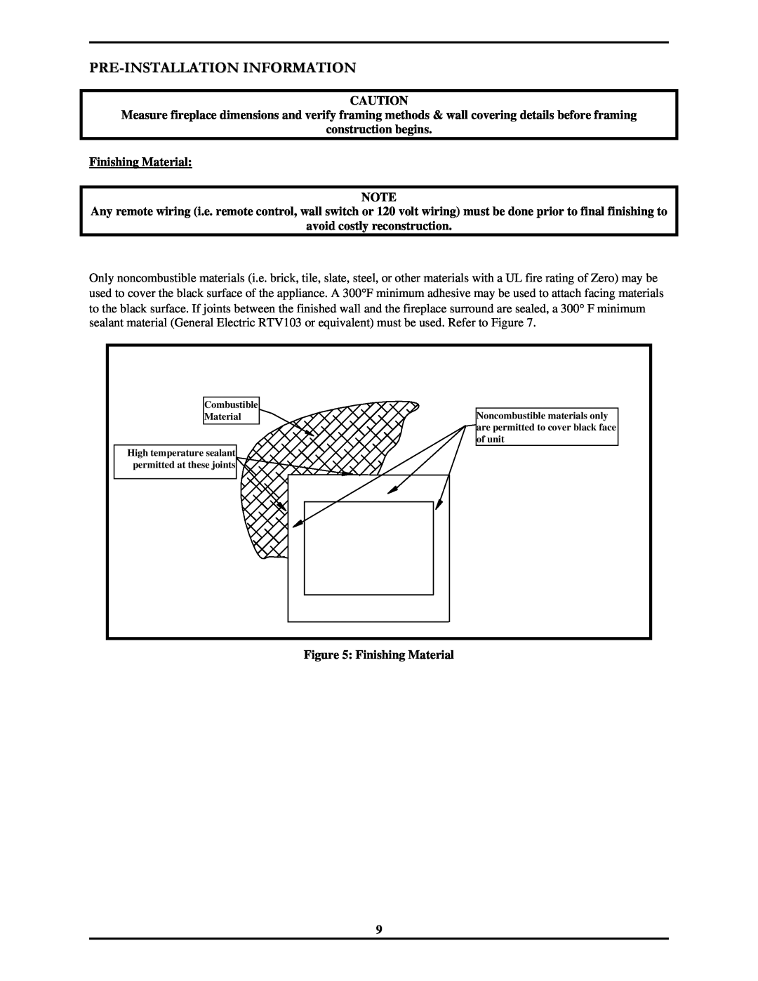 Monessen Hearth 7000 Series operating instructions Pre-Installationinformation, construction begins Finishing Material 