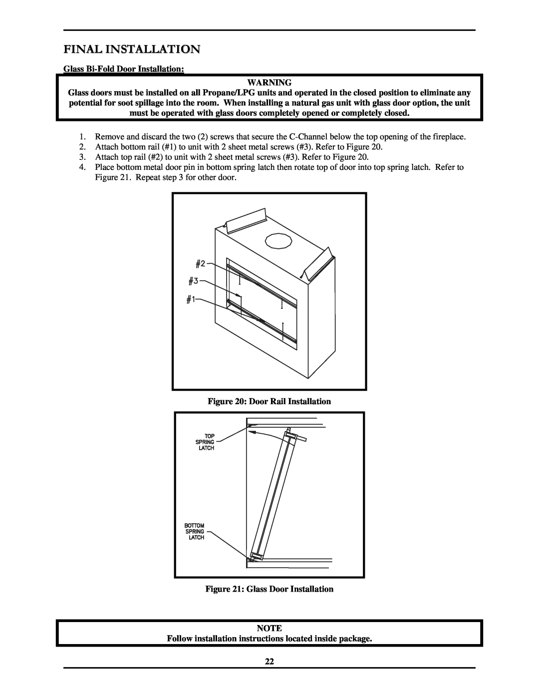 Monessen Hearth 7000 Series operating instructions Final Installation, Glass Bi-FoldDoor Installation 
