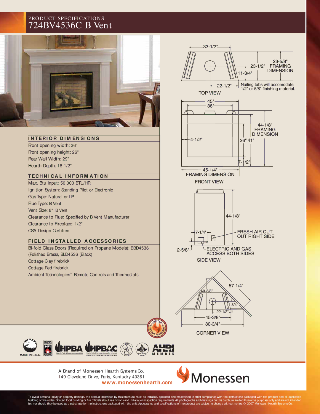 Monessen Hearth specifications 724BV4536C B Vent 