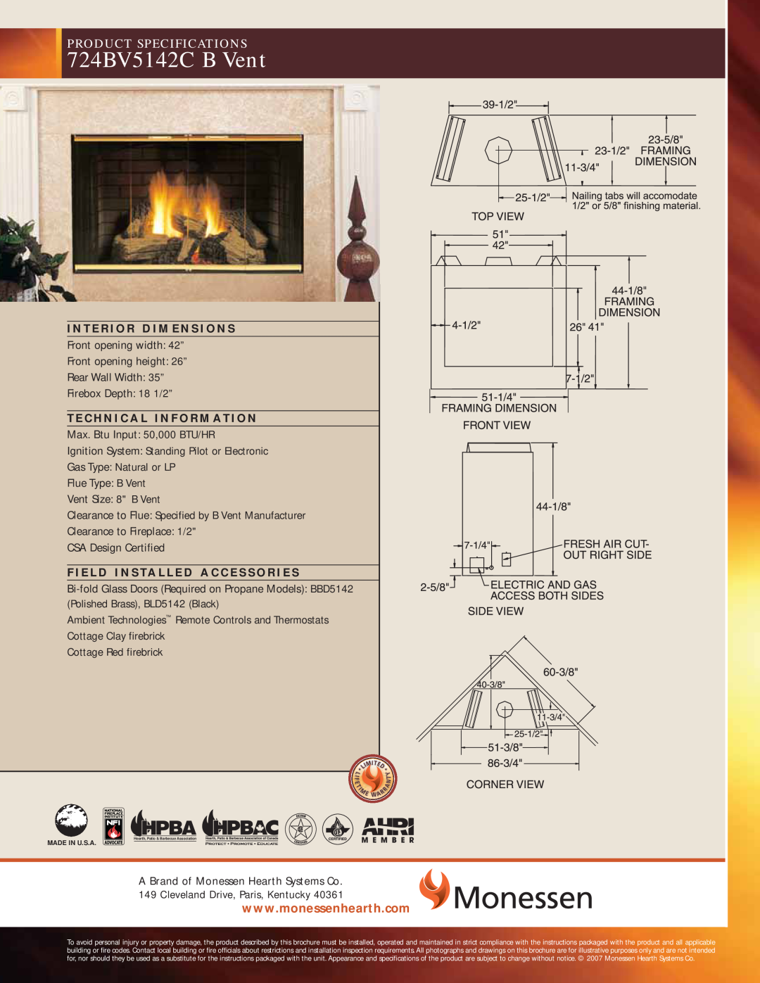 Monessen Hearth specifications 724BV5142C B Vent, Product Specifications 