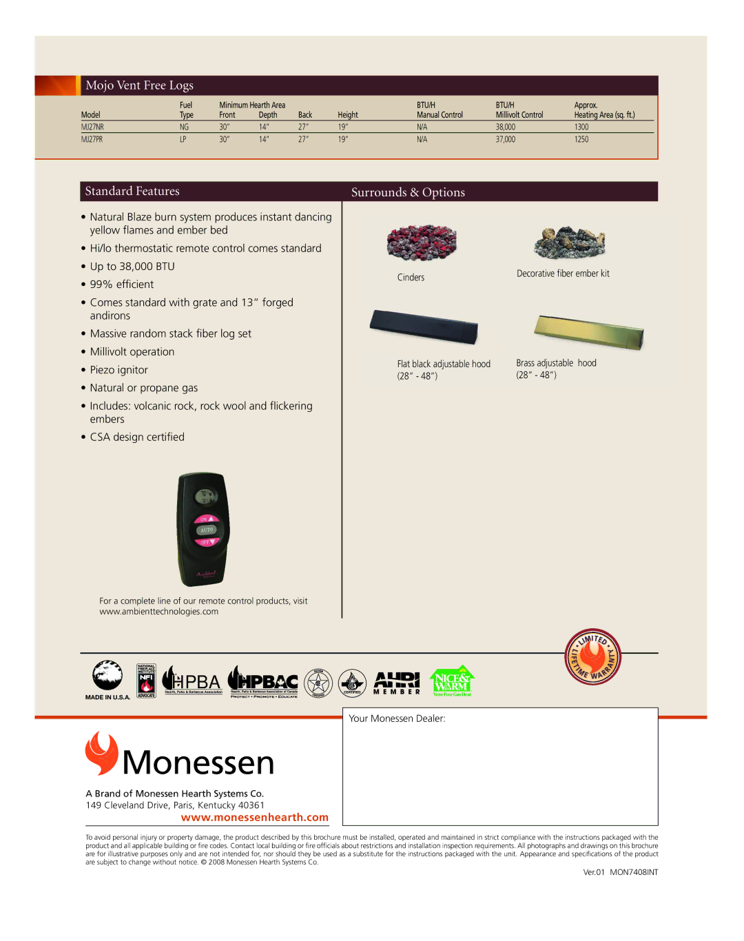 Monessen Hearth 7408INT manual Monessen, Mojo Vent Free Logs, Standard Features, Surrounds & Options 