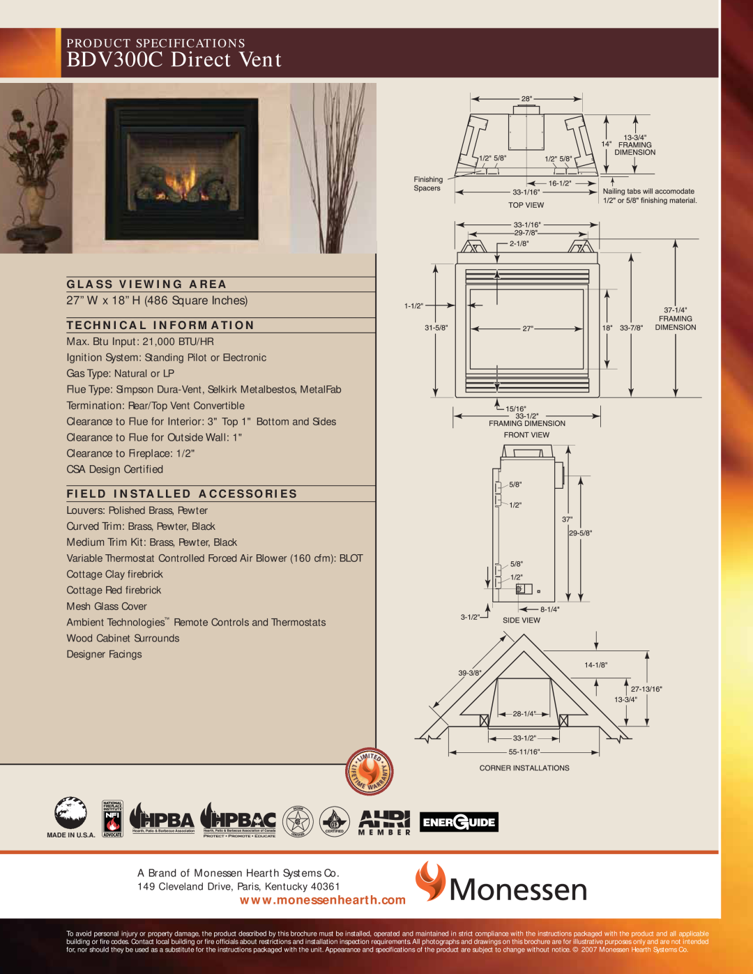Monessen Hearth specifications BDV300C Direct Vent, Product Specifications 