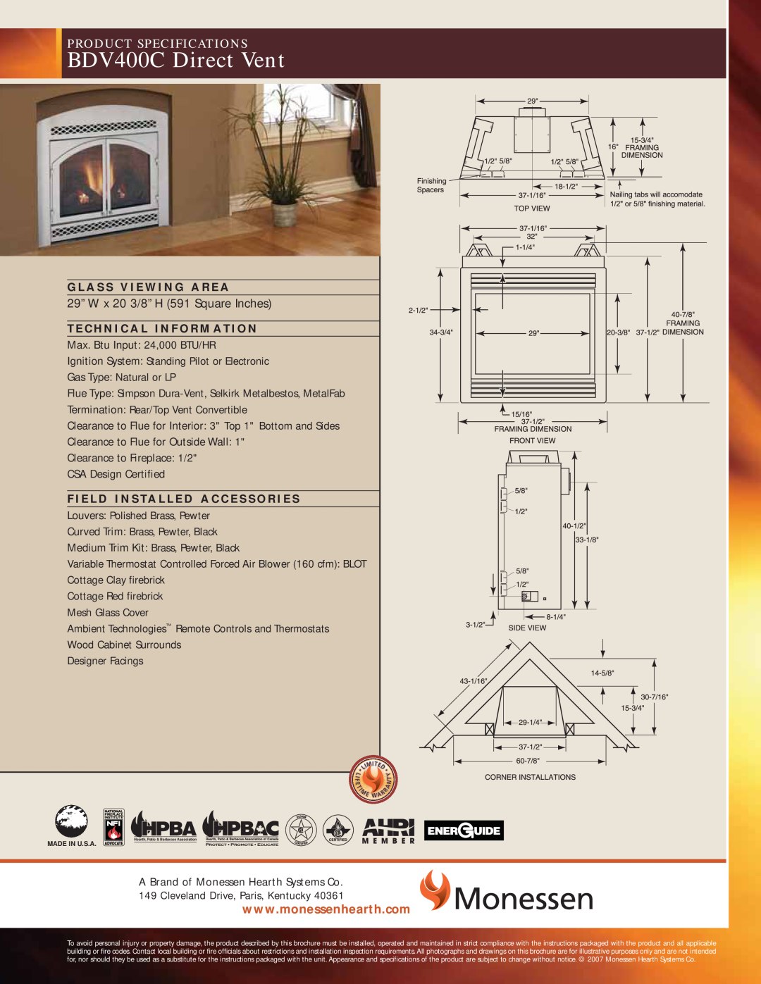 Monessen Hearth specifications BDV400C Direct Vent, Product Specifications 