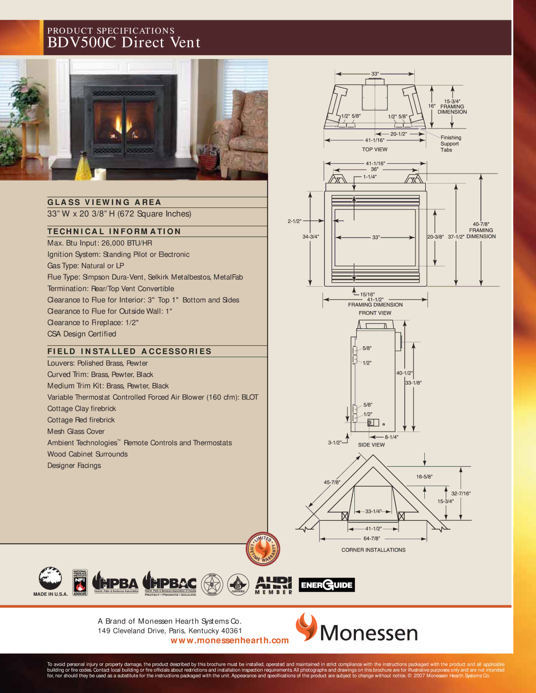 Monessen Hearth specifications BDV500C Direct Vent 