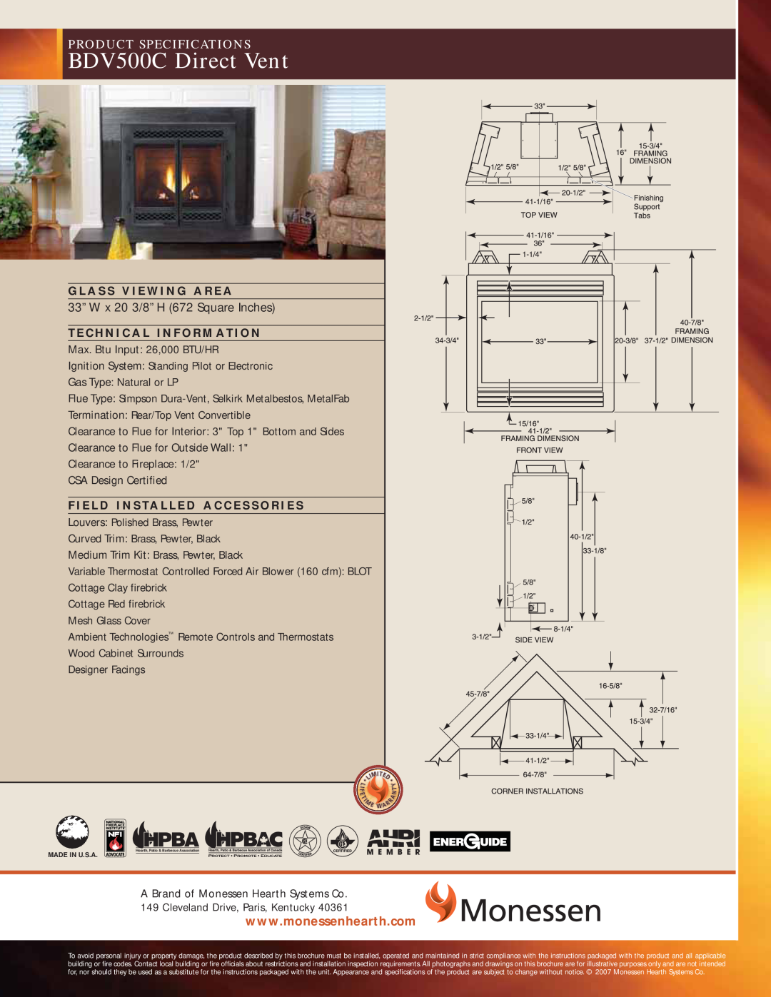 Monessen Hearth specifications BDV500C Direct Vent, Product Specifications 