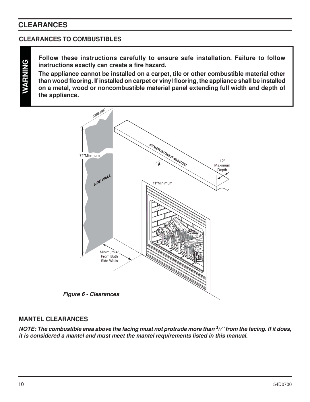 Monessen Hearth BDV300, BDV600, BDV500, BDV400 operating instructions Clearances to Combustibles, Mantel Clearances 