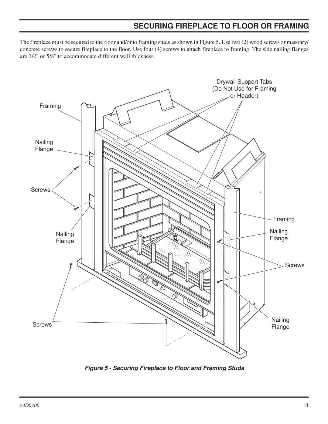 Monessen Hearth BDV400, BDV600 Securing Fireplace to Floor or Framing, Securing Fireplace to Floor and Framing Studs 