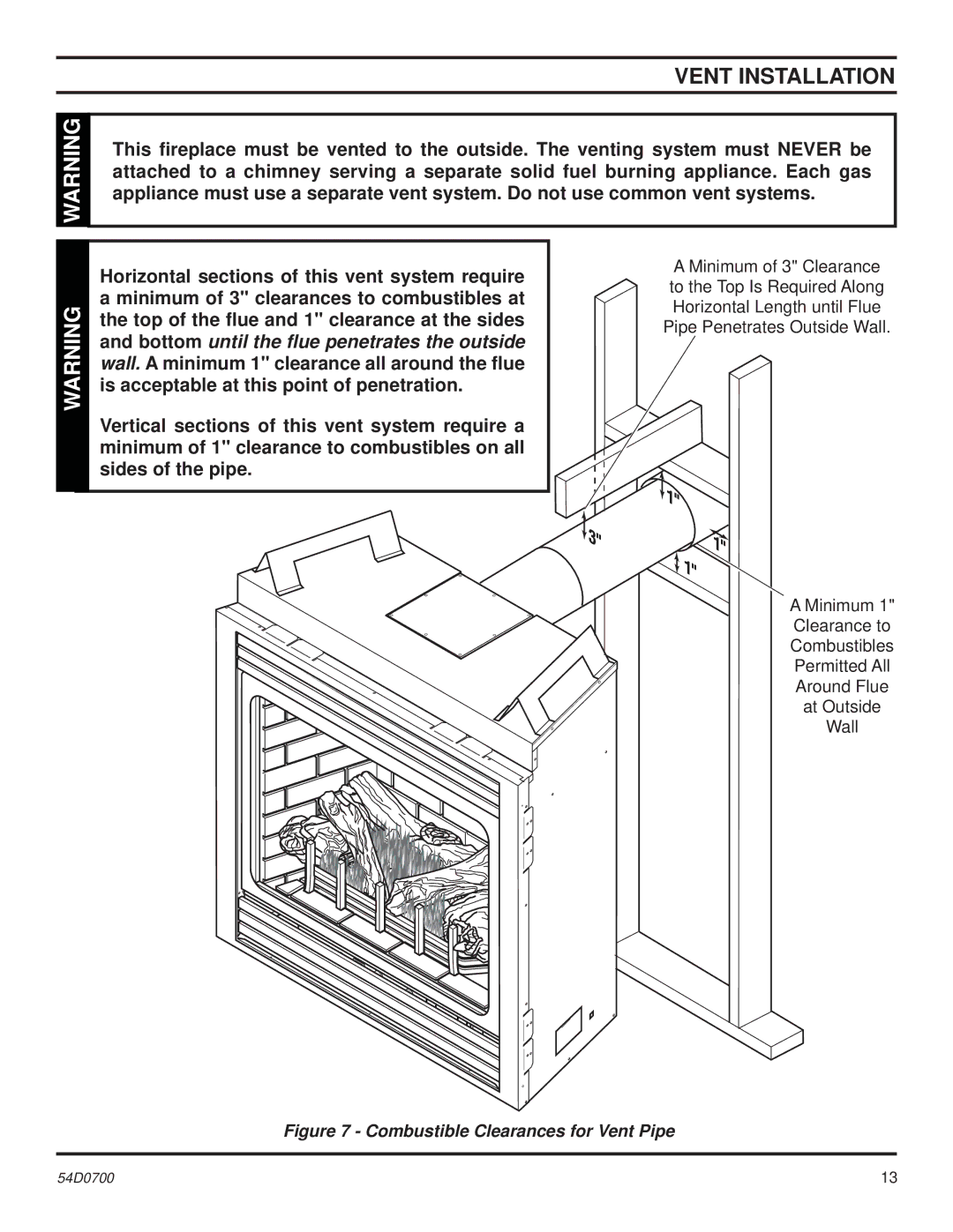 Monessen Hearth BDV500, BDV600, BDV300, BDV400 operating instructions Vent Installation, Combustible Clearances for Vent Pipe 