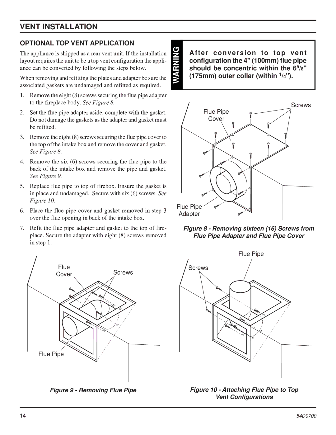 Monessen Hearth BDV300 Optional TOP Vent Application, After conversion to top vent, Conﬁguration the 4 100mm ﬂue pipe 