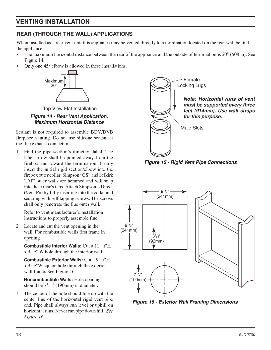 Monessen Hearth BDV300, BDV600, BDV500, BDV400 operating instructions Venting Installation, Rear Through the Wall Applications 