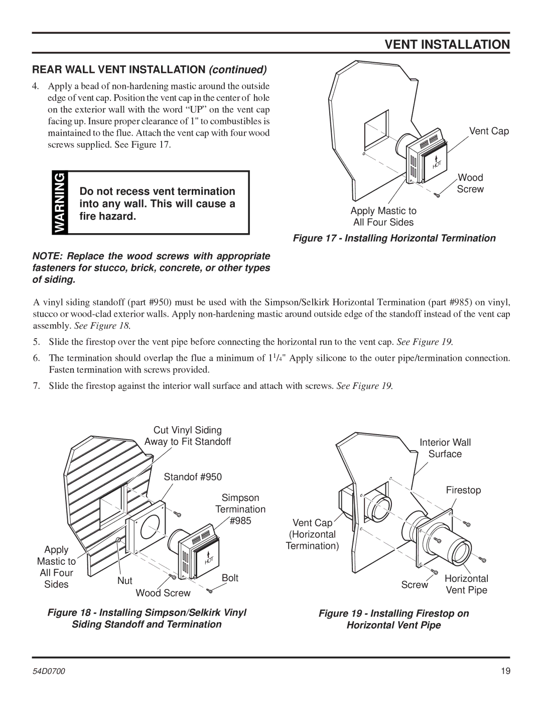 Monessen Hearth BDV400 Rear Wall Vent Installation, Do not recess vent termination, Into any wall. This will cause a 