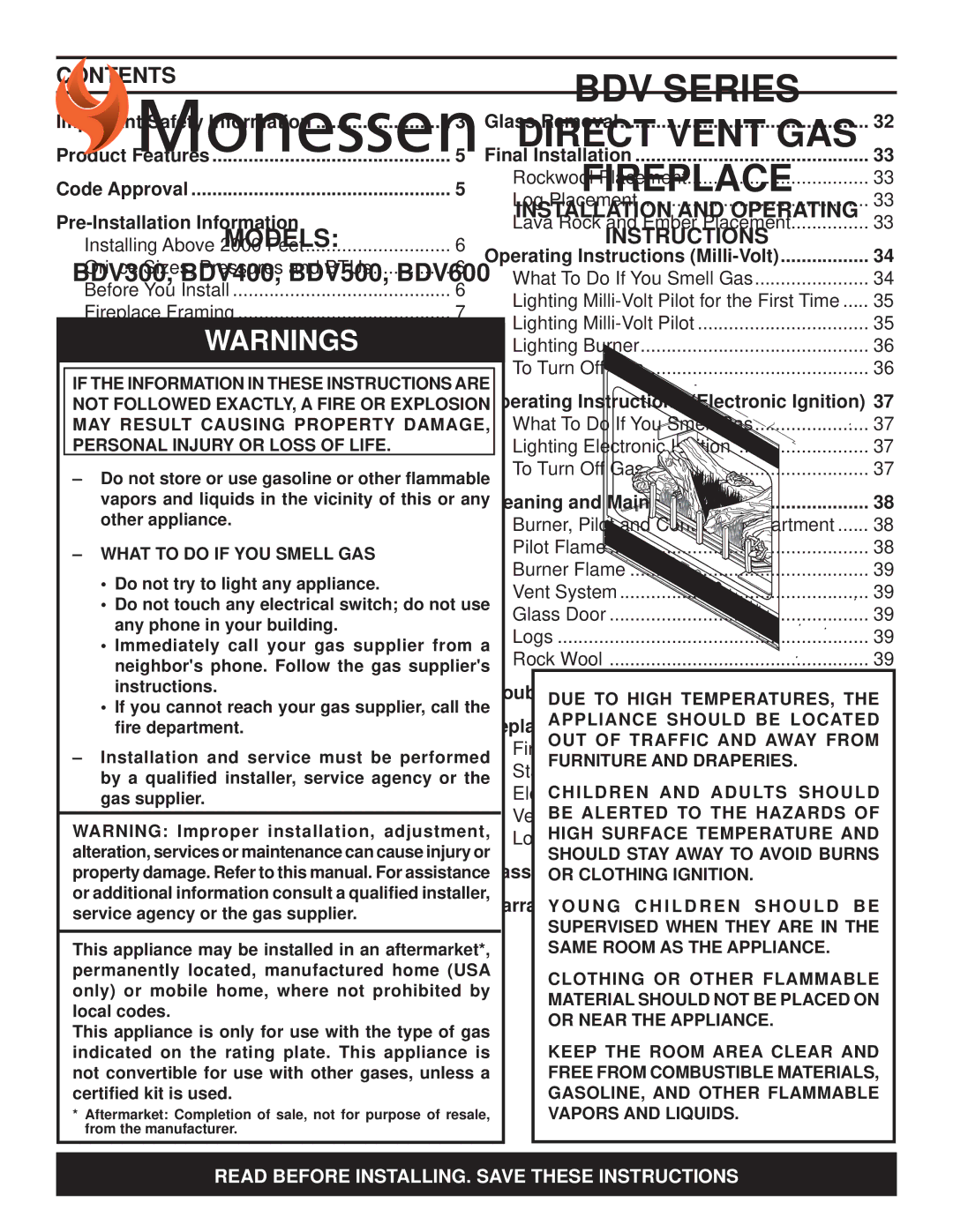 Monessen Hearth BDV300, BDV600, BDV500, BDV400 operating instructions Contents 