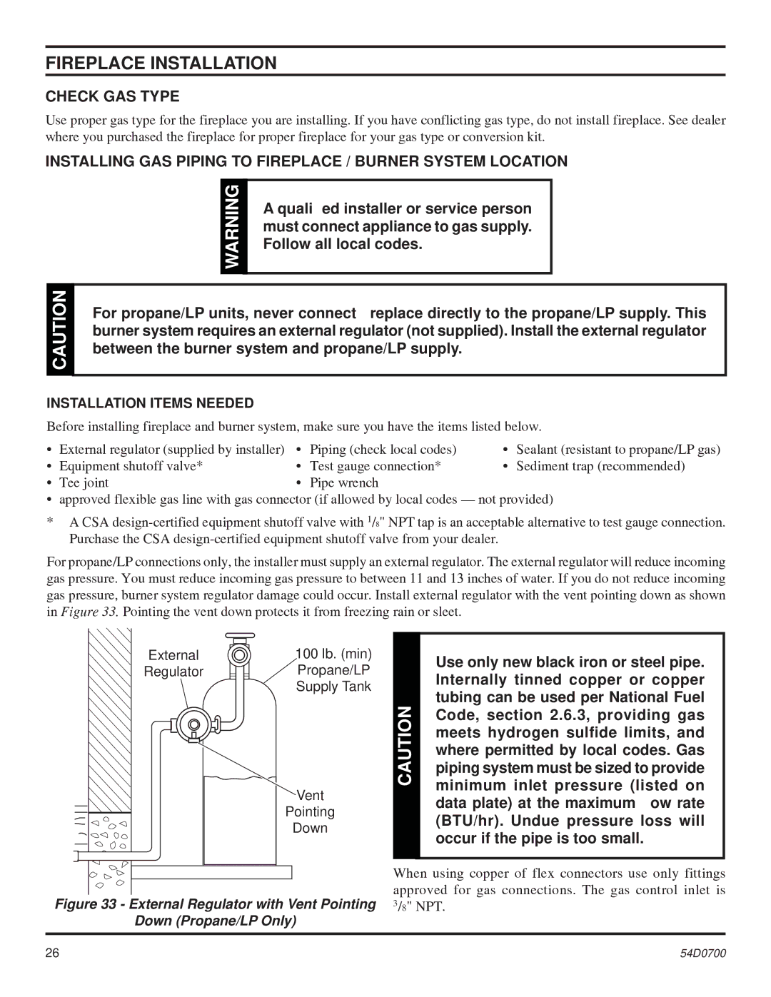 Monessen Hearth BDV300 Fireplace Installation, Check GAS Type, Installing GAS Piping to Fireplace / Burner System Location 