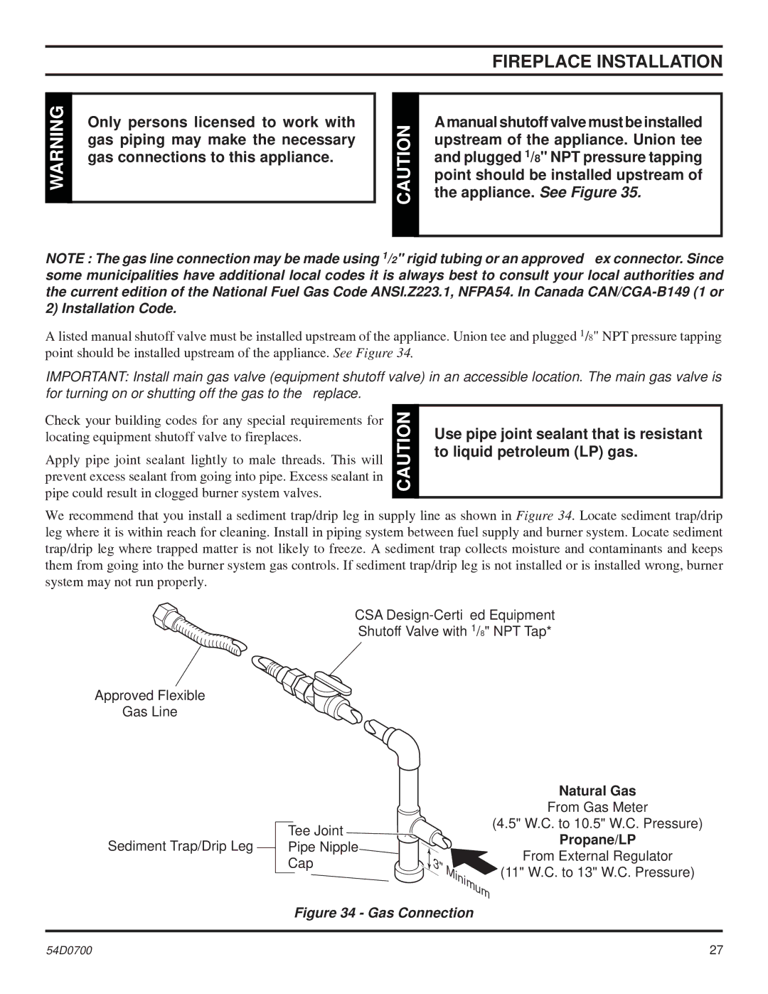 Monessen Hearth BDV400, BDV600, BDV500, BDV300 operating instructions Gas Connection 