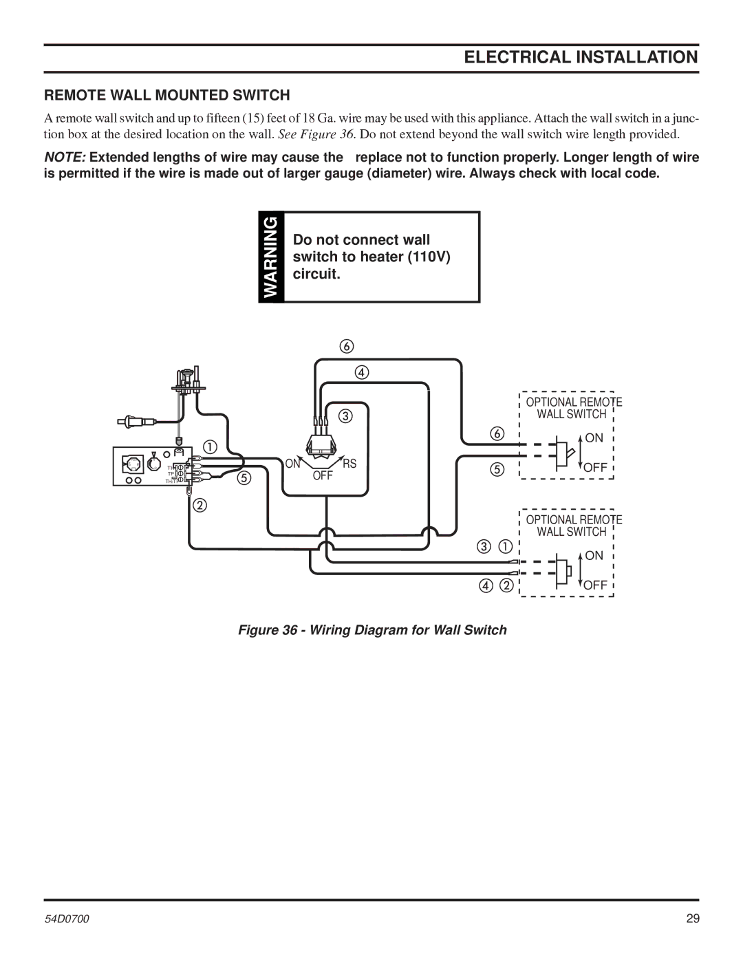 Monessen Hearth BDV500 Electrical Installation, Remote Wall Mounted Switch, Do not connect wall, Switch to heater, Circuit 