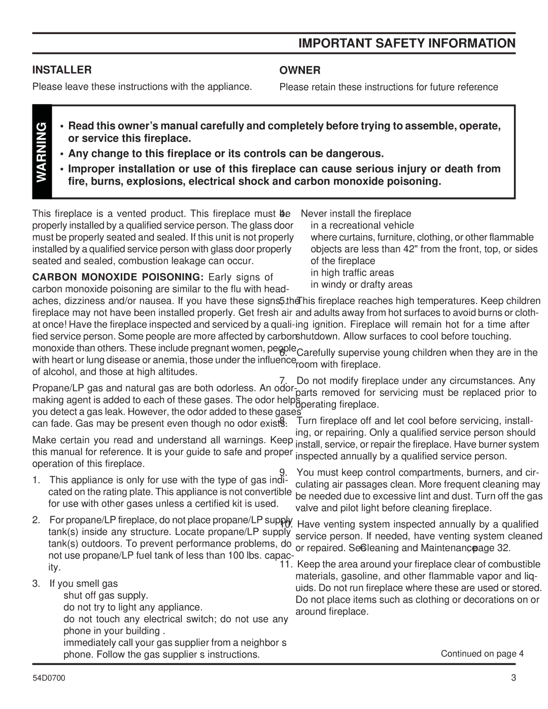 Monessen Hearth BDV400, BDV600, BDV500, BDV300 operating instructions Important Safety Information, Installer, Owner 