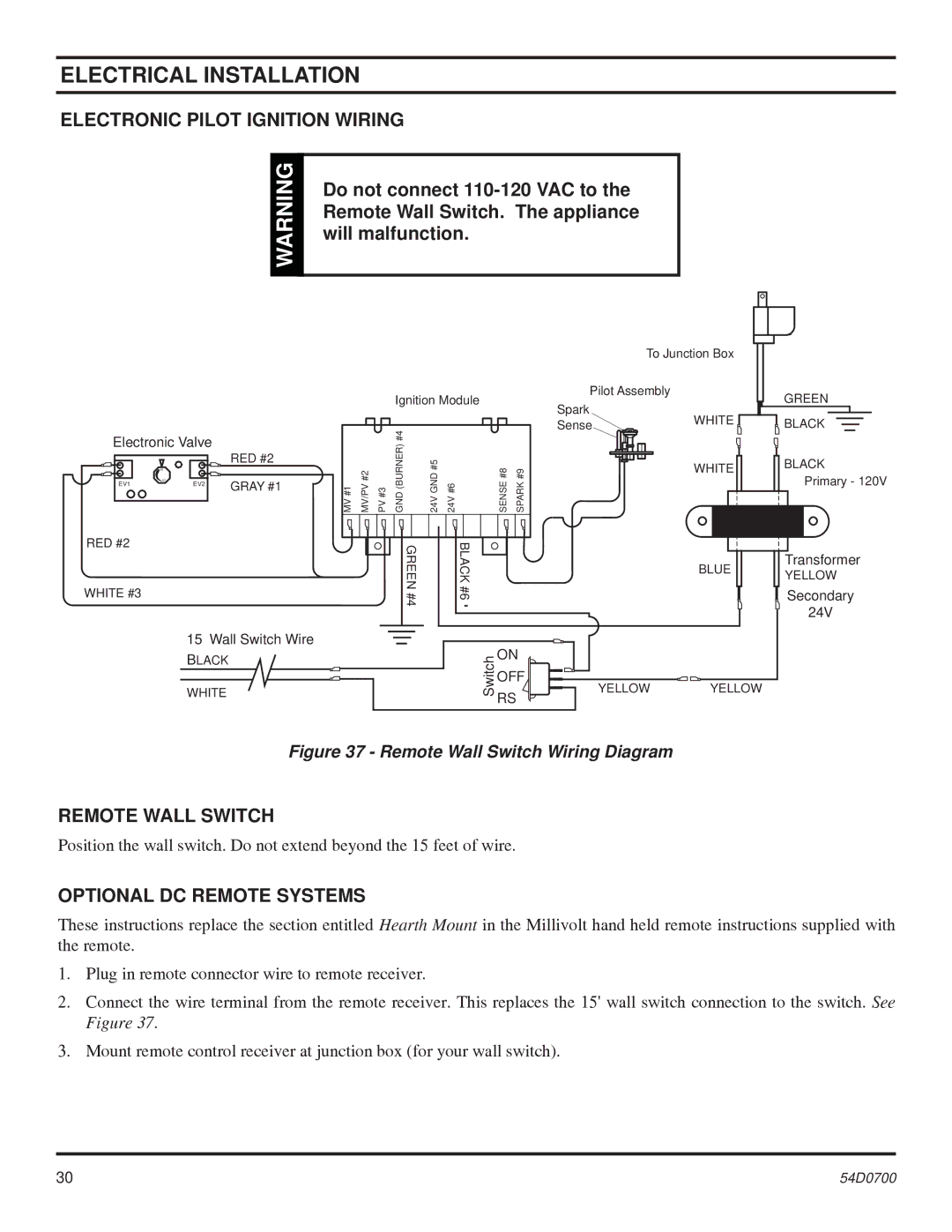 Monessen Hearth BDV300, BDV600, BDV500 Electronic Pilot Ignition Wiring, Remote Wall Switch, Optional DC Remote Systems 